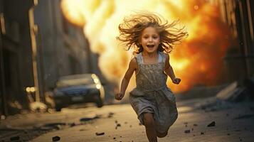 ai genererad en liten rädd muslim flicka kör bort från de explosion under de krig foto