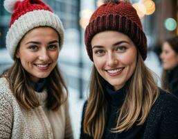 ai genererad Foto av skön kvinna med blond hår och mössa hatt med Lycklig känsla under vinter- säsong, generativ ai