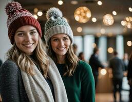 ai genererad Foto av skön kvinna med blond hår och mössa hatt med Lycklig känsla under vinter- säsong, generativ ai