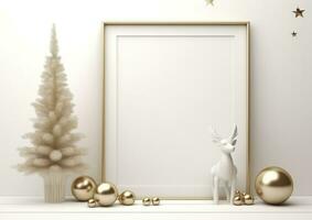 ai genererad jul dekorationer och tömma affisch ram mot en vit vägg bakgrund foto