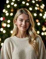 ai genererad Foto av skön kvinna med blond hår i Tröja stående i främre av jul träd , generativ ai