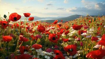 ai genererad blommor, bakgrund bild, blomma fält, ljusstyrka, friskhet, landskap, landskap, natur foto