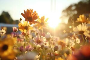 ai genererad blommor, bakgrund bild, blomma fält, ljusstyrka, friskhet, landskap, landskap, natur foto