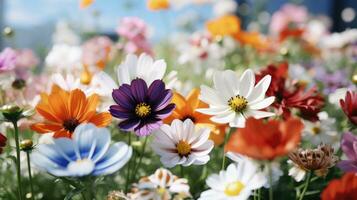 ai genererad blommor, bakgrund bild, blomma fält, ljusstyrka, friskhet, landskap, landskap, natur foto