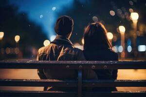 ai genererad par i kärlek Sammanträde på en parkera bänk, romantisk, innehav hand, på natt, ai generativ foto