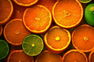 ai genererad clementine skivor orange bakgrund. generera ai foto