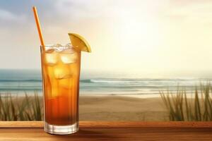 ai genererad citronsaft cocktail på de strand närbild. semester bakgrund. ai genererad foto