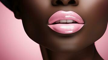 ai genererad närbild se av ett afrikansk amerikan kvinnas mun över färgad bakgrund . skön svart kvinna rosa mun närbild . närbild av ett afrikansk amerikan kvinnas mun med rosa mun. foto