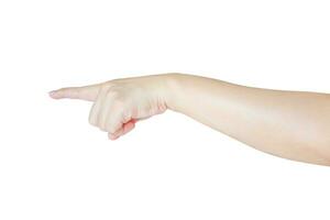 kvinna hand rörande eller pekande till något isolerat på vit bakgrund foto