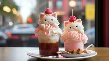 ai genererad två desserter med katt ansikten på topp av en tallrik, ai foto