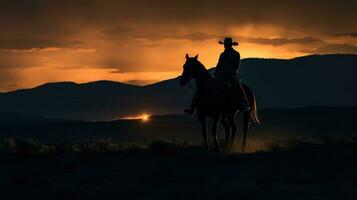 ai genererad silhuett av en cowboy med en hatt på en häst på solnedgång foto