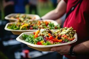 ai genererad gata mat festival, catering service. vegetabiliska sallader i papper plattor såld utomhus på marknadsföra plats foto