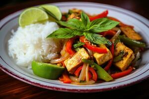 ai genererad färsk thai mat Vispa fritera med tofu och vit jasmin ris. foto