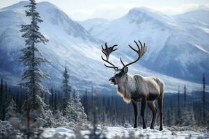 ai genererad ren med stor horn gående i vinter- tundra. foto