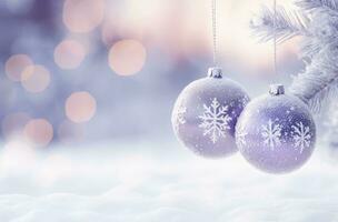 ai genererad jul dekorationer boll på snö bakgrund. ai genererad foto