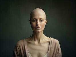 ai genererad porträtt av caucasian skallig kvinna, alopeci och cancer medvetenhet, kopia Plats foto