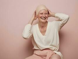 ai genererad porträtt av caucasian skallig kvinna, alopeci och cancer medvetenhet foto