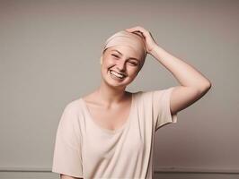 ai genererad porträtt av caucasian skallig kvinna, alopeci och cancer medvetenhet foto