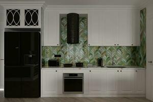 modern kök interiör i en minimal öppen område, vägg textur kakel, kylskåp, kök huva, och Övrig redskap. foto