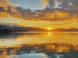 ai genererad ljus solnedgång över sjö gyllene moln reflektera i de vatten. ai genererad. foto