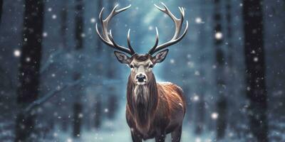 ai genererad ädel rådjur manlig i de vinter- snö skog. konstnärlig vinter- jul landskap. ai genererad foto