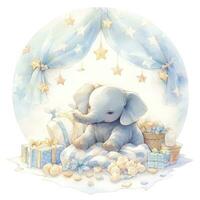 ai genererad ett elefant på en säng med stjärnor och filtar runt om de cirkel. ai genererad foto