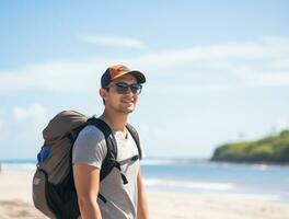 ai genererad en fotografera av resande eller backpacker i de strand med en många stil och många vinkel foto