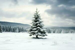 tall träd eller dekorerad jul träd täckt förbi snö på skön vinter. jul tema utomhus förbi ai genererad foto