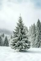 tall träd eller dekorerad jul träd täckt förbi snö på skön vinter. jul tema utomhus förbi ai genererad foto