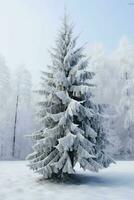 tall träd eller dekorerad jul träd täckt förbi snö på skön vinter. jul tema utomhus förbi ai genererad foto