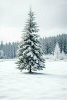 tall träd eller dekorerad jul träd täckt förbi snö på skön vinter. jul tema utomhus förbi ai genererad foto