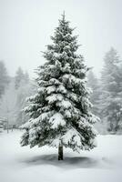 tall träd eller dekorerad jul träd täckt förbi snö på skön vinter. jul tema utomhus förbi ai genererad foto