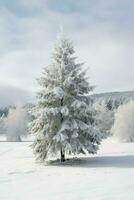 tall träd eller dekorerad jul träd täckt förbi snö på skön vinter. jul tema utomhus förbi ai genererad foto
