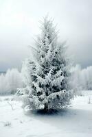 tall träd eller dekorerad jul träd täckt förbi snö på skön vinter. jul tema utomhus förbi ai genererad foto