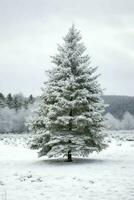 tall träd eller dekorerad jul träd täckt förbi snö på skön vinter. jul tema utomhus förbi ai genererad foto