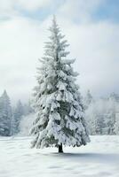 tall träd eller dekorerad jul träd täckt förbi snö på skön vinter. jul tema utomhus förbi ai genererad foto