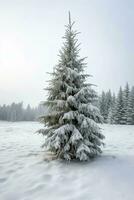 tall träd eller dekorerad jul träd täckt förbi snö på skön vinter. jul tema utomhus förbi ai genererad foto