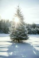 tall träd eller dekorerad jul träd täckt förbi snö på skön vinter. jul tema utomhus förbi ai genererad foto