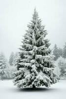 tall träd eller dekorerad jul träd täckt förbi snö på skön vinter. jul tema utomhus förbi ai genererad foto