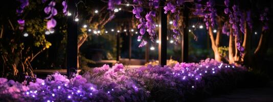 ai genererad lila led lampor hängande över flera blomma sängar foto