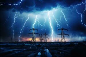 ai genererad bild av intensiv skyfall, storm med blixt- och dyster himmel ovan elektrisk towers.by generativ ai foto