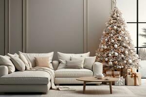 ai genererad levande rum dekorerad för jul med träd, gåvor, väggar, affischer, duk, full skärm mockup, måla, ramar. förbi generativ ai foto