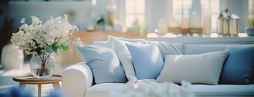 ai genererad rena och ljus levande rum med blå möbel och blå kuddar foto