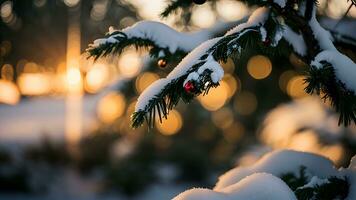 ai genererad jul träd grenar täckt med snö i de morgon- foto