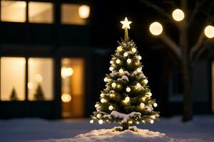 ai genererad jul bakgrund. jul träd med dekorationer på natt foto