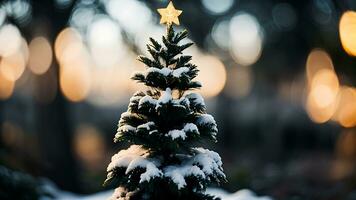 ai genererad jul träd på snö med bokeh bakgrund. jul och ny år begrepp. foto