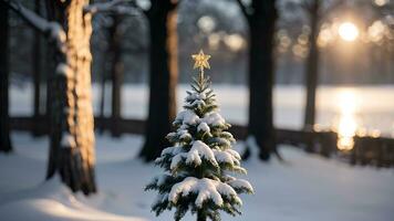 ai genererad jul träd på snö med bokeh bakgrund. jul och ny år begrepp. foto