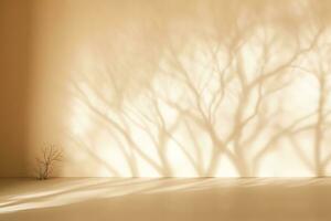 ai genererad ljus beige studio bakgrund med suddig skugga från träd grenar på de vägg. minimalistisk abstrakt studio bakgrund för produkt presentationer foto