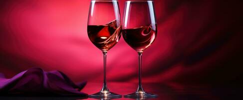 ai genererad två glasögon av vin och ro på en röd tabell foto