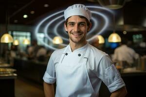 ai genererad en leende kock Framställ i en restaurang kök foto